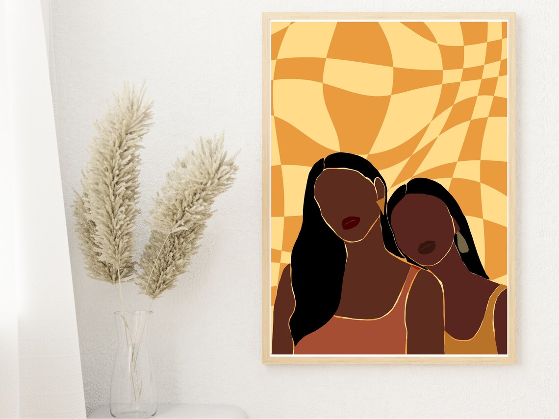 Two Women Friendship Embrace Wavy Yellow Checkerboard Art Poster - Image 4