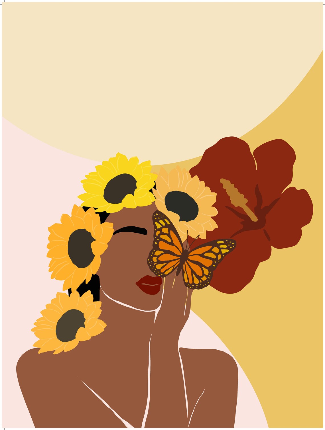 Flower Child Woman Sunflowers Butterfly Warm Yellow Art Poster - Image 2