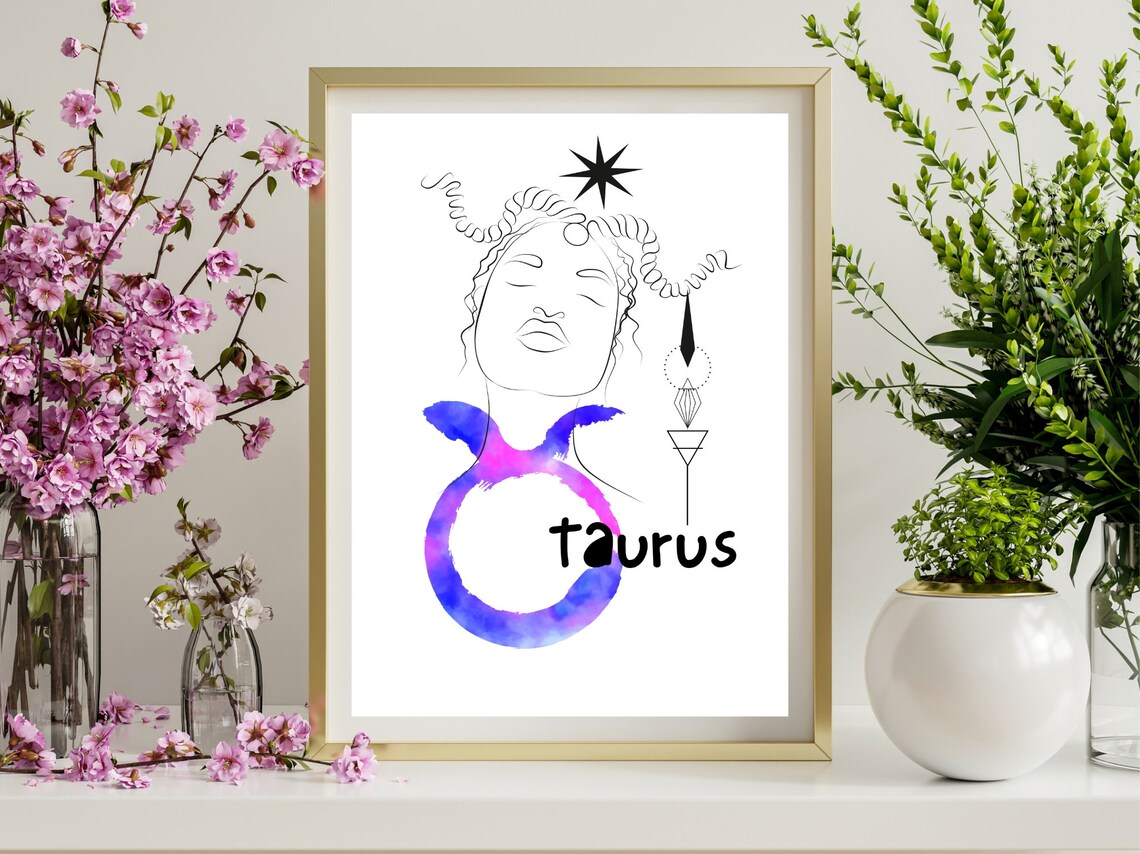 Taurus Zodiac Line Art Woman Watercolor Bull Glyph Star Sign Poster - Image 3
