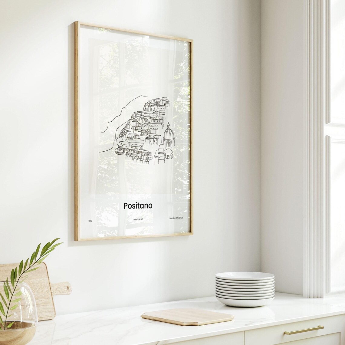 Positano Italy One Line Drawing Cliffside Village Dome Church Art Poster - Image 6