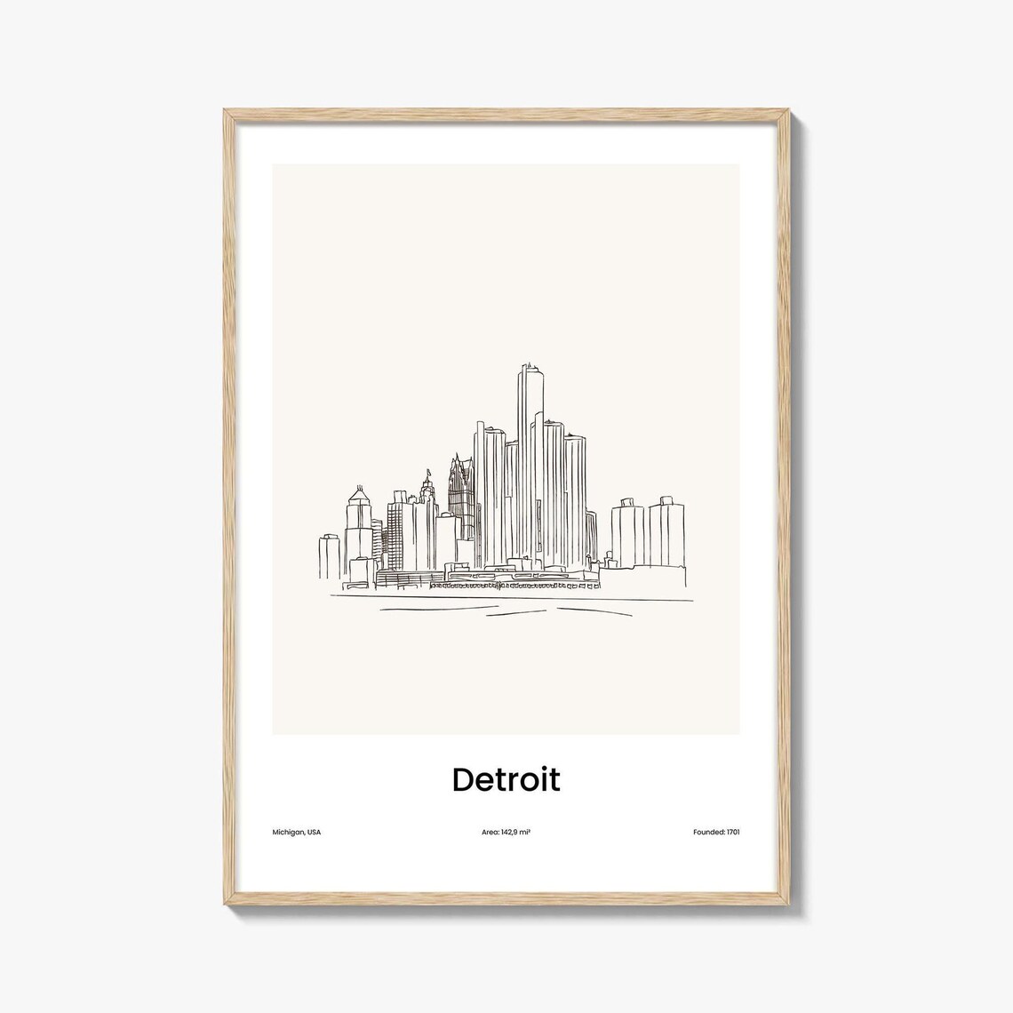 Detroit Michigan Downtown Skyline Minimalist Line Drawing Poster