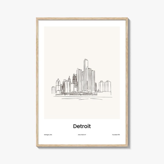 Detroit Michigan Downtown Skyline Minimalist Line Drawing Poster