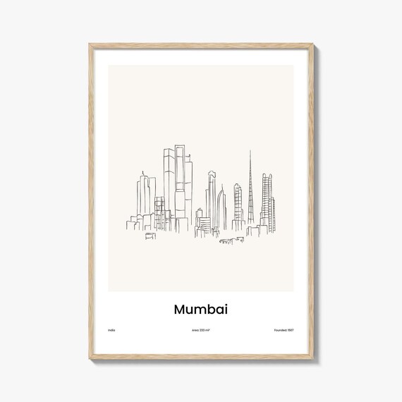 Mumbai India One Line Drawing City Skyline Minimalist Travel Art Poster