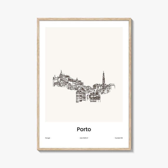Porto Portugal Minimalist Line Drawing Riverside Old Town Poster