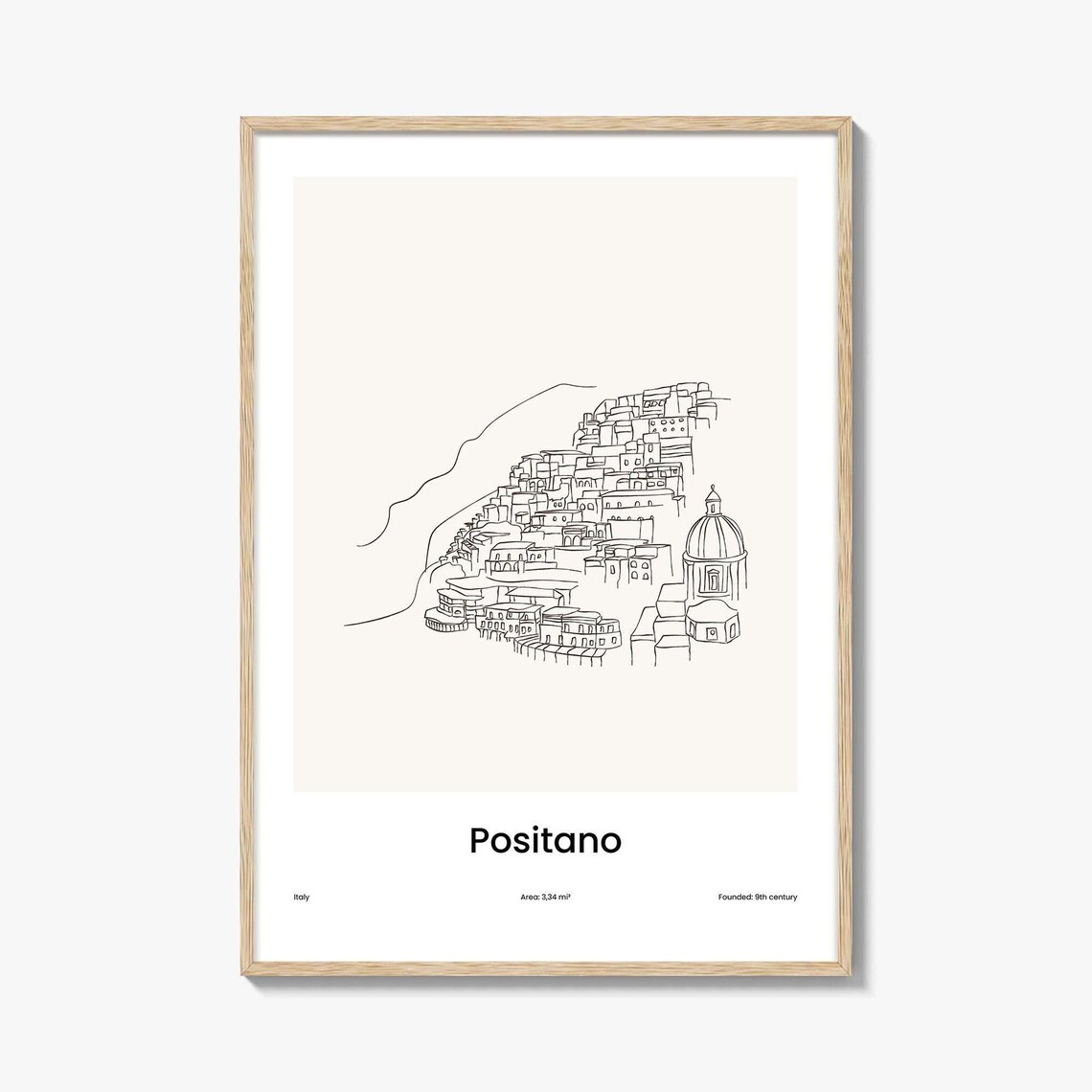 Positano Italy One Line Drawing Cliffside Village Dome Church Art Poster