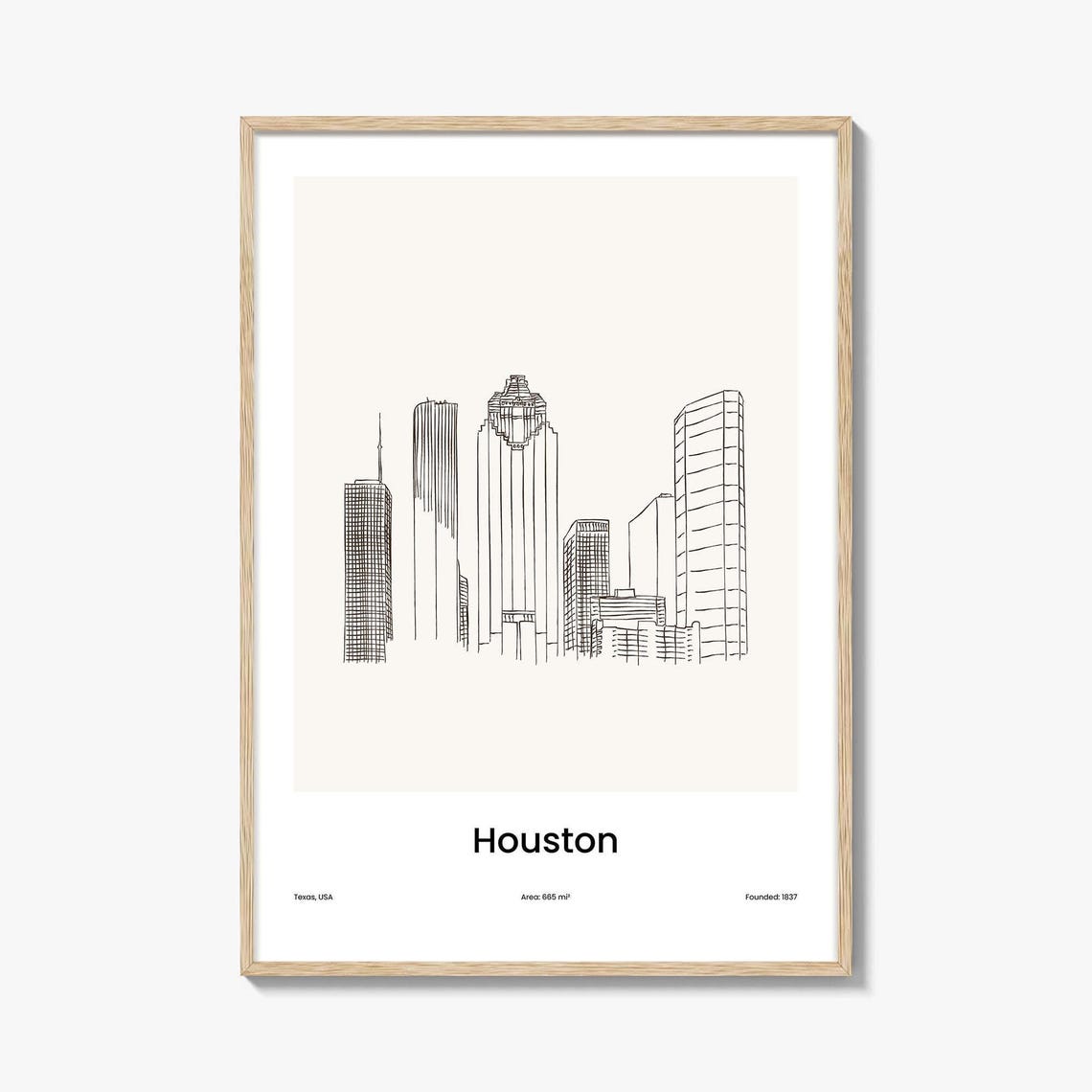 Houston Texas Minimalist Line Drawing Downtown Skyline Poster