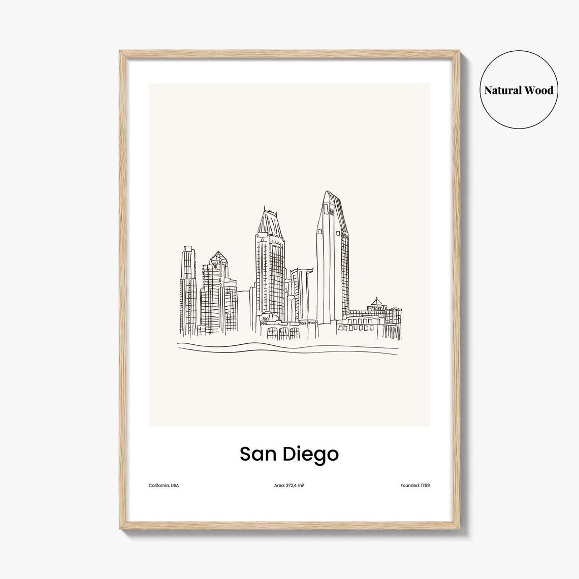 San Diego California USA Waterfront Skyline One Line Drawing Poster - Image 2