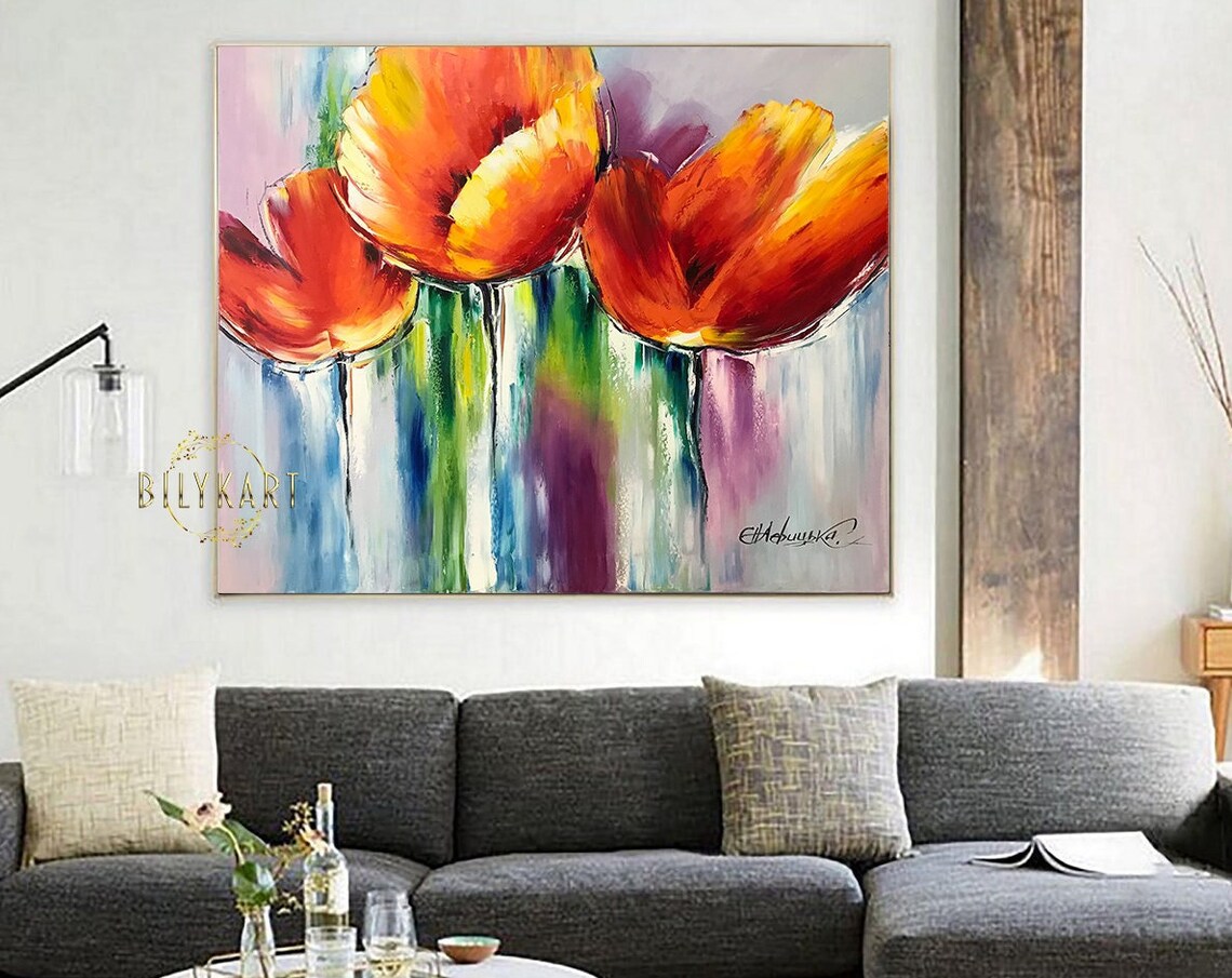Abstract Orange Red Tulips Bold Brushstrokes Pastel Floral Art Poster - Image 2