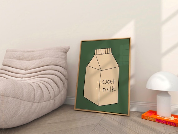 Oat Milk Carton Hand Drawn Illustration Retro Green Kitchen Poster