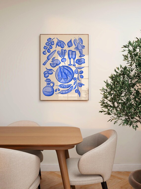 Blue Kitchen Food And Drink Illustrations Retro Wall Art Prints Decor Maximalist Poster