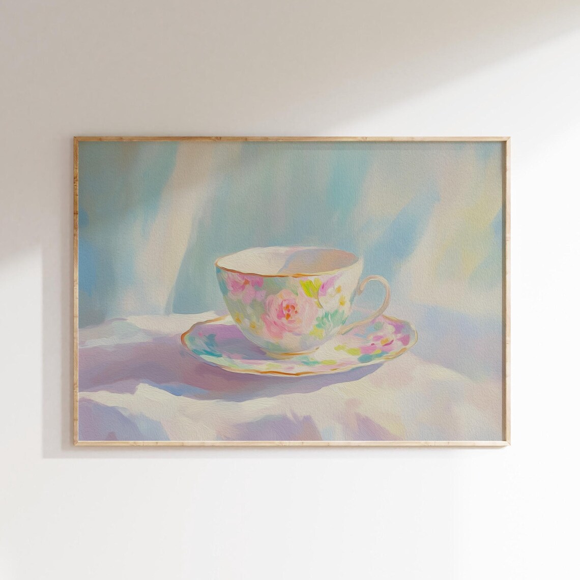 Pastel Floral Teacup on a Saucer in Soft Dreamy Light Painting Poster