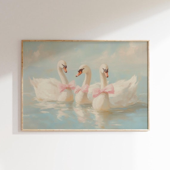 Swans With Bow Print Pink Cottage Core Room Decor Girly Balletcore Wall Art Coquette Bow Art Print Apartment Decor