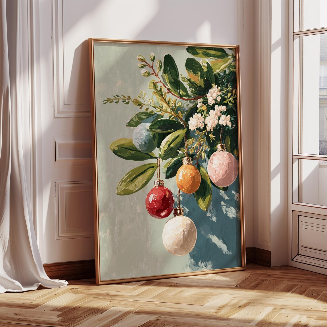 Christmas Ornament Botanical Print Holiday Wall Art Minimalist Decor Winter Greenery Festive Home