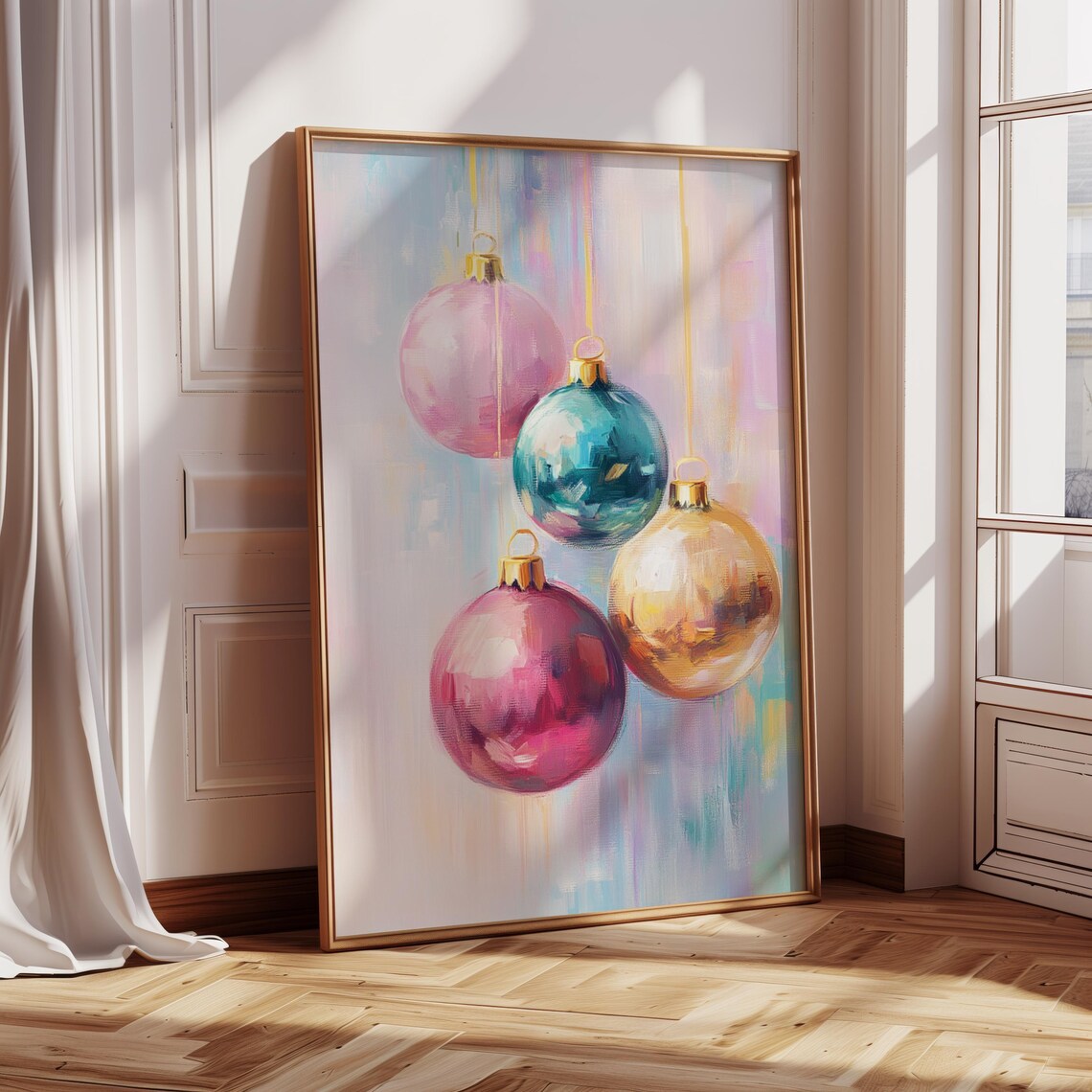 Pastel Christmas Ornaments Pink Baubles Watercolor Holiday Wall Art