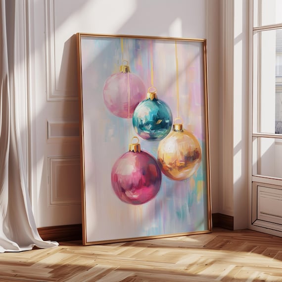 Pastel Christmas Ornaments Pink Baubles Watercolor Holiday Wall Art