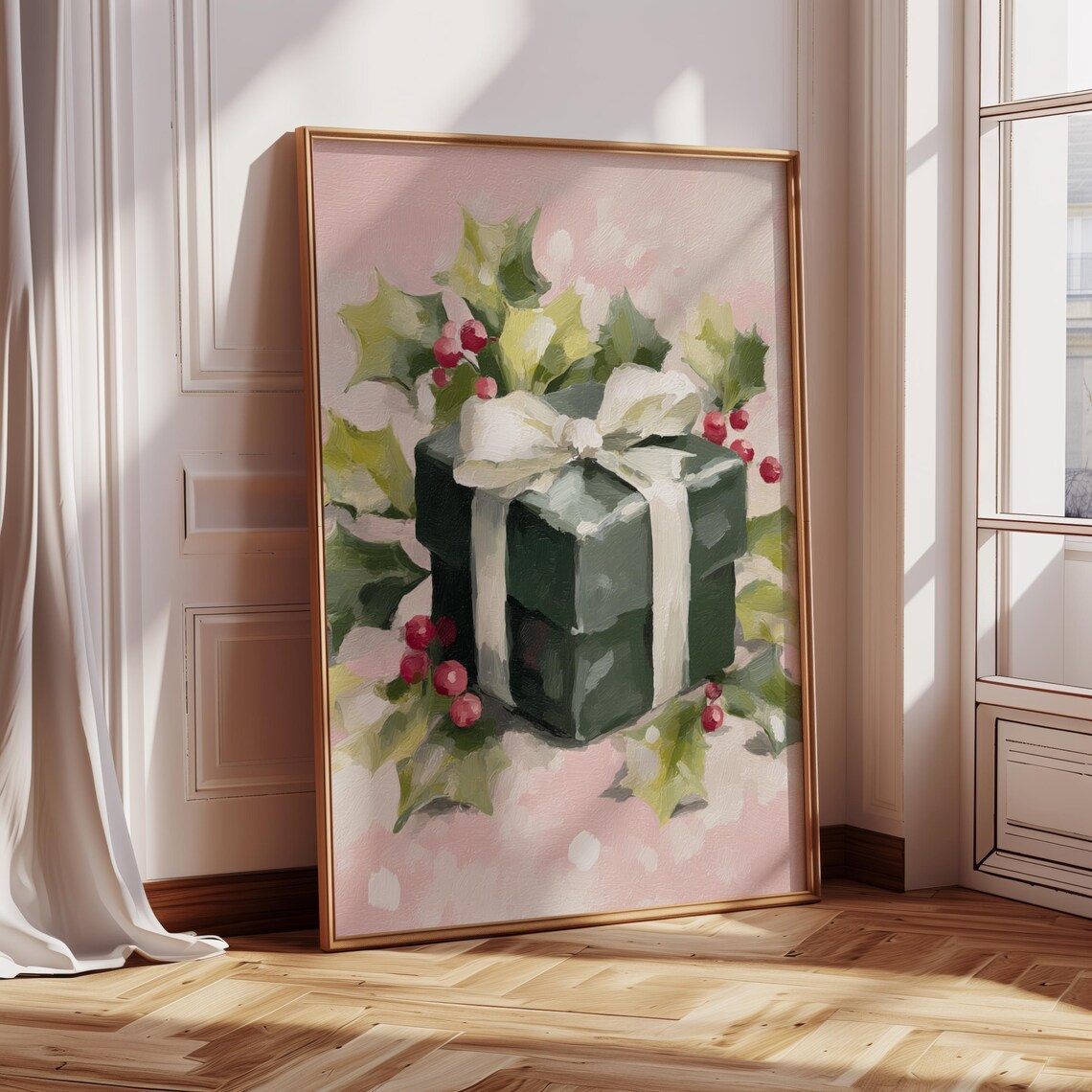 Green Gift Box With White Bow Holly Berries Festive Christmas Art Print