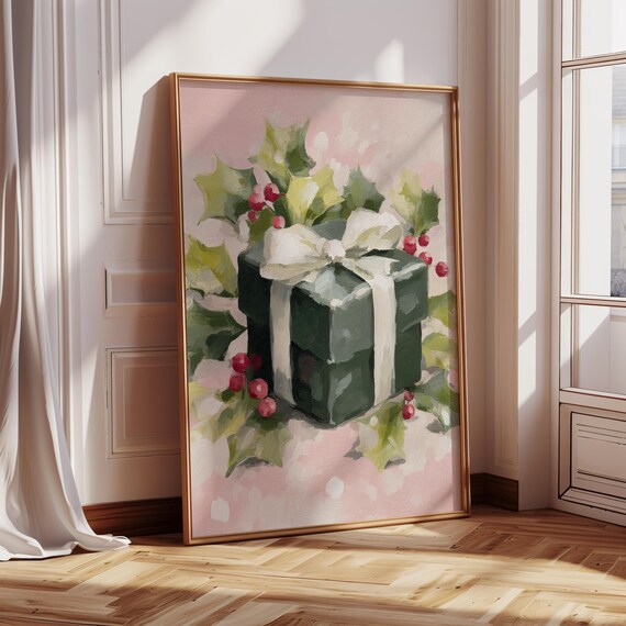 Green Gift Box With White Bow Holly Berries Festive Christmas Art Print