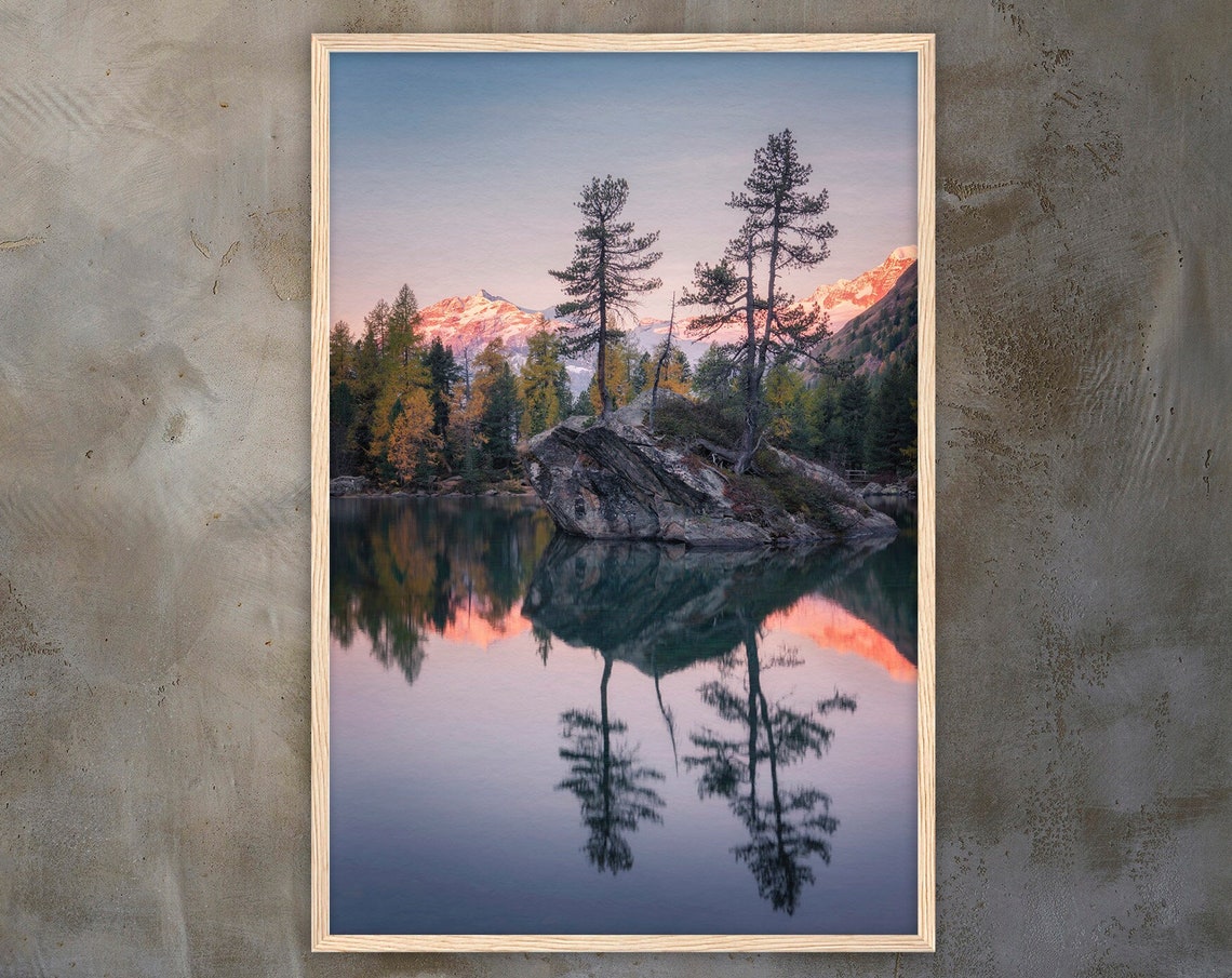 Alpine Mountain Lake At Sunrise With Perfect Mirror Reflection Poster