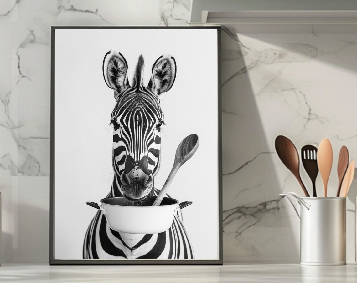 Zebra Chef Holding a Cooking Pot and Wooden Spoon Funny Poster