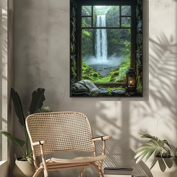 Waterfall View From Rustic Windowcozy Cabin Nature Posterserene Forest Wall Artromantic Landscape Print Home Decorgift For Lovers