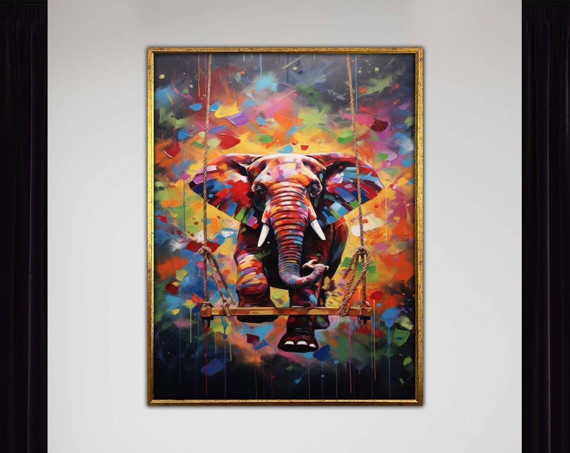 Colorful Elephant On Swing Whimsical Splatter Paint Animal Poster