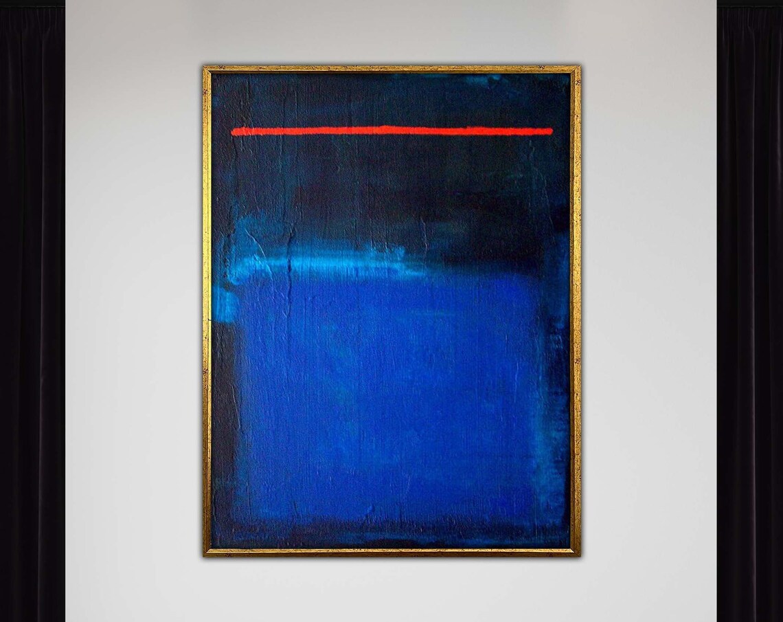 Mark Rothko Style Blue Black Abstract Painting With Red Line Poster
