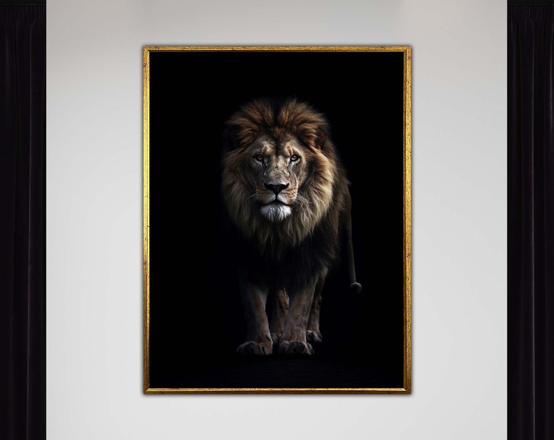 Majestic Lion Portrait Black Background Dramatic Wildlife Poster