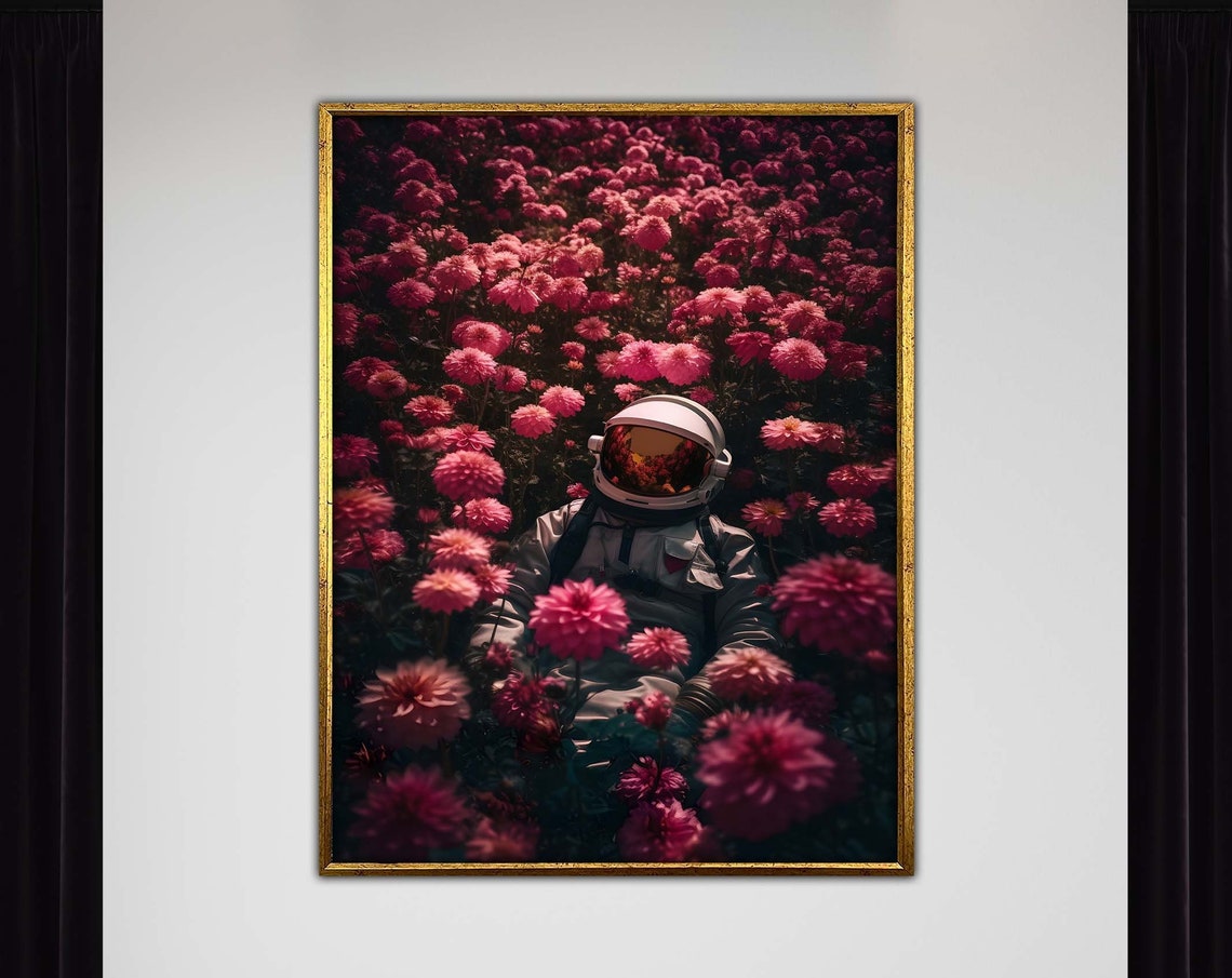 Space Astronaut With Flowers Poster Print Extra Large Canvas Wall Art Modern Rose Design Ready To Hang Exploration Decor