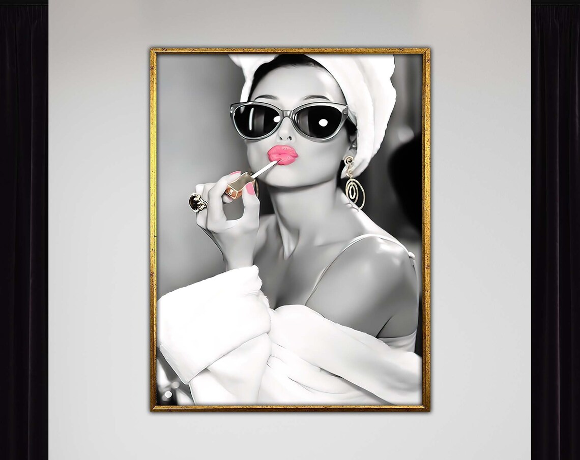Audrey Hepburn Pink Lipstick Glamour Portrait Black and White Art Poster