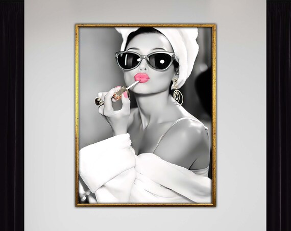 Audrey Hepburn Pink Lipstick Glamour Portrait Black and White Art Poster