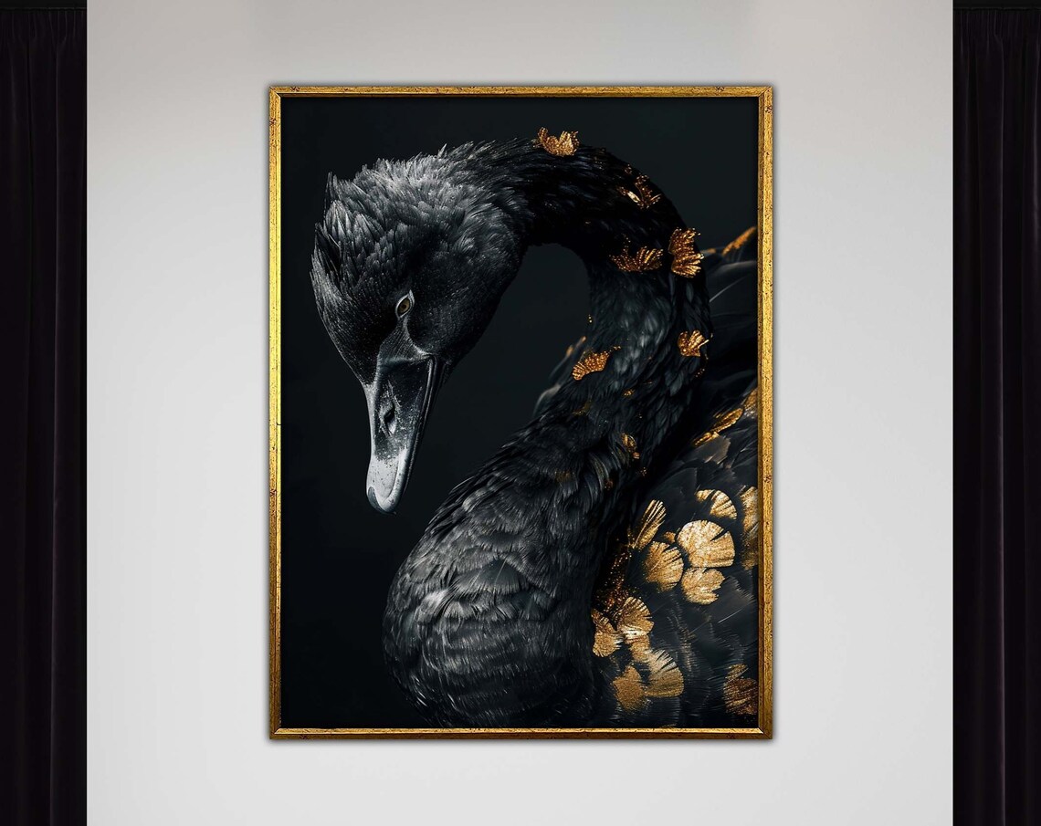 Elegant Black Swan Gold Feather Luxury Moody Bird Art Poster