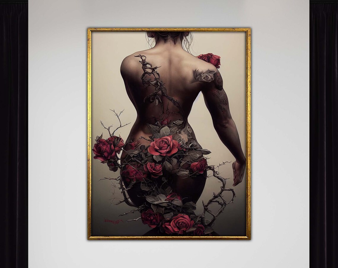 Rose Tattooed Woman Back Floral Body Art Nude Portrait Poster