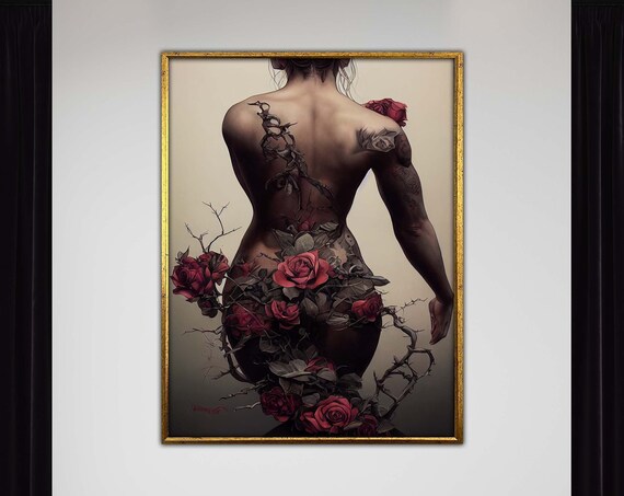 Rose Tattooed Woman Back Floral Body Art Nude Portrait Poster