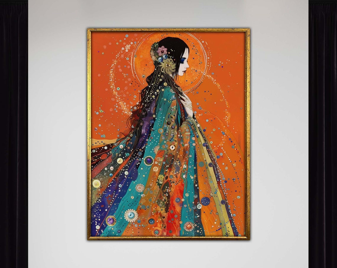Bohemian Goddess Portrait Flowing Rainbow Gown Ethereal Boho Wall Art