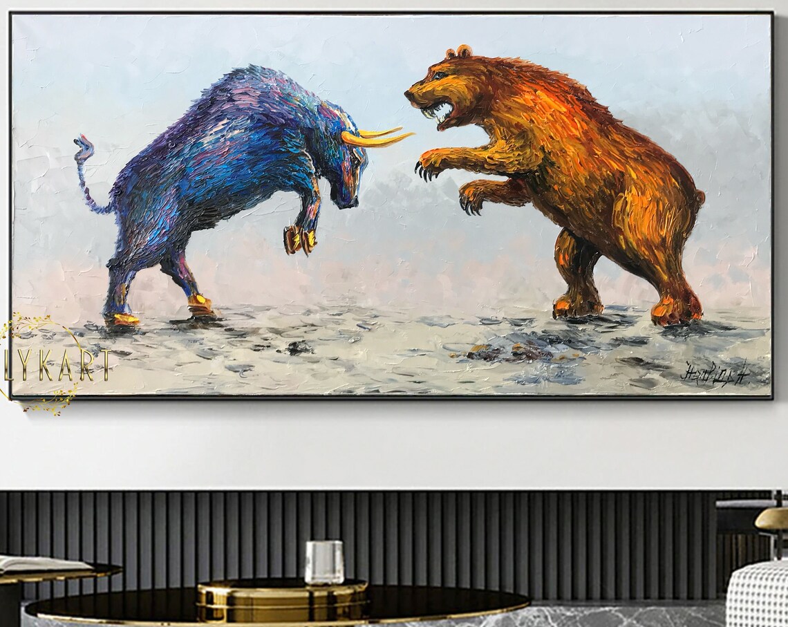Bull Versus Bear Blue Orange Palette Knife Stock Market Art Poster - Image 3