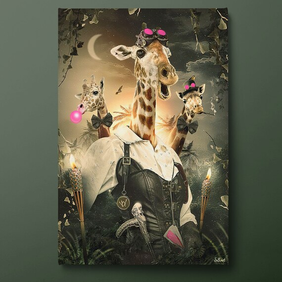 Surreal Giraffes Wearing Clothes Funny Animal Portrait Painting Wall Art