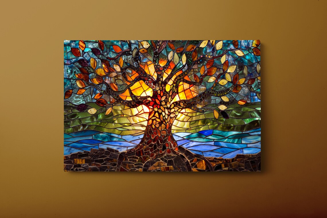 Stained Glass Tree Of Life Autumn Leaves Lakeside Mosaic Art Poster