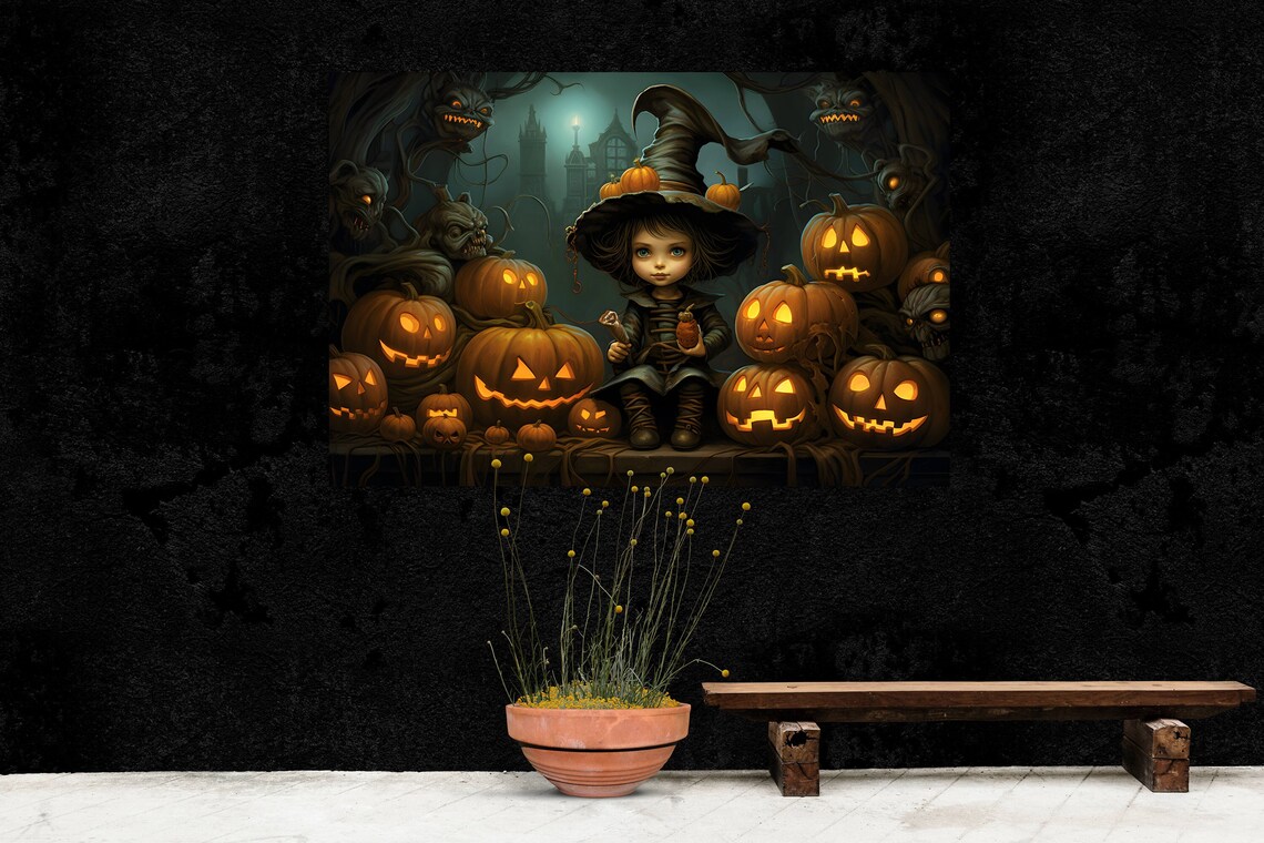 Halloween Witch Girl Jack-o'-Lanterns Spooky Night Scene Art Poster - Image 2