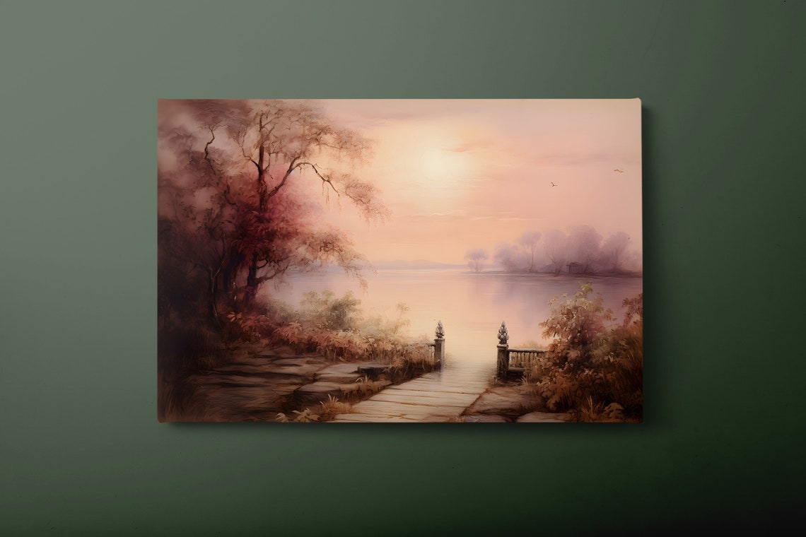 Misty Pink Lakeside Garden Path At Dawn Vintage Landscape Art Poster