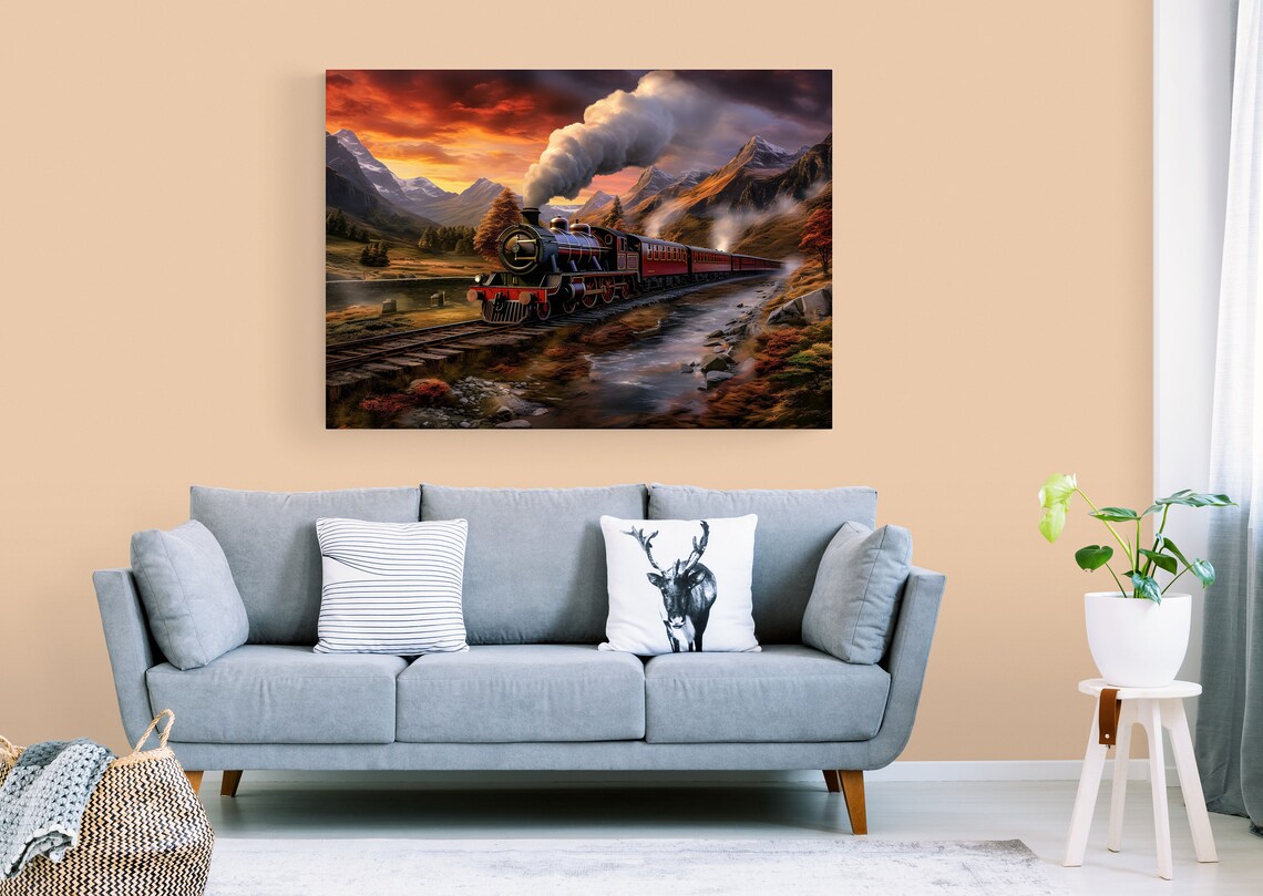 Steam Locomotive Crossing Mountain Valley At Sunset Train Art Poster - Image 2