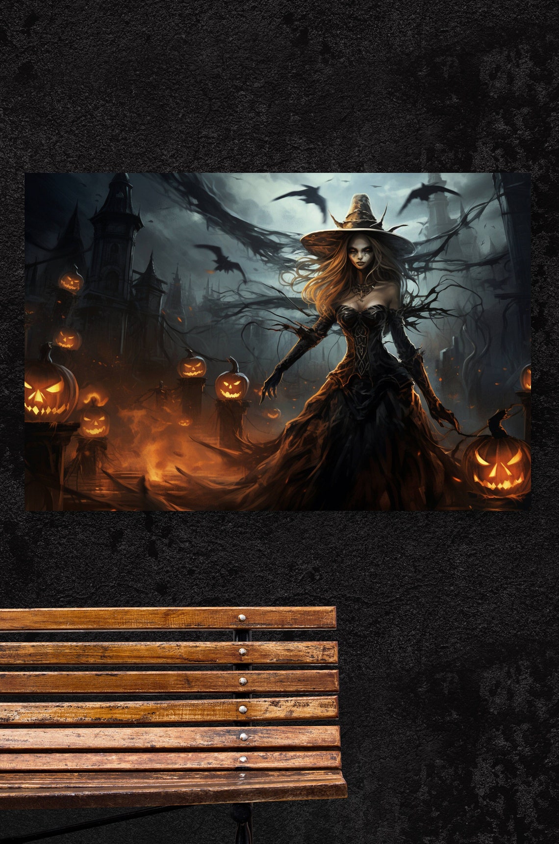 Witch With Glowing Pumpkins In Haunted Village Halloween Art Poster - Image 2