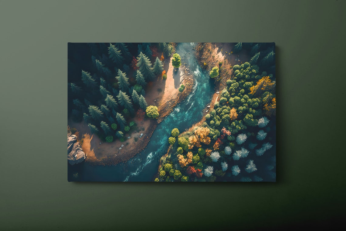 Aerial View Of Turquoise River Winding Through Pine Forest Poster