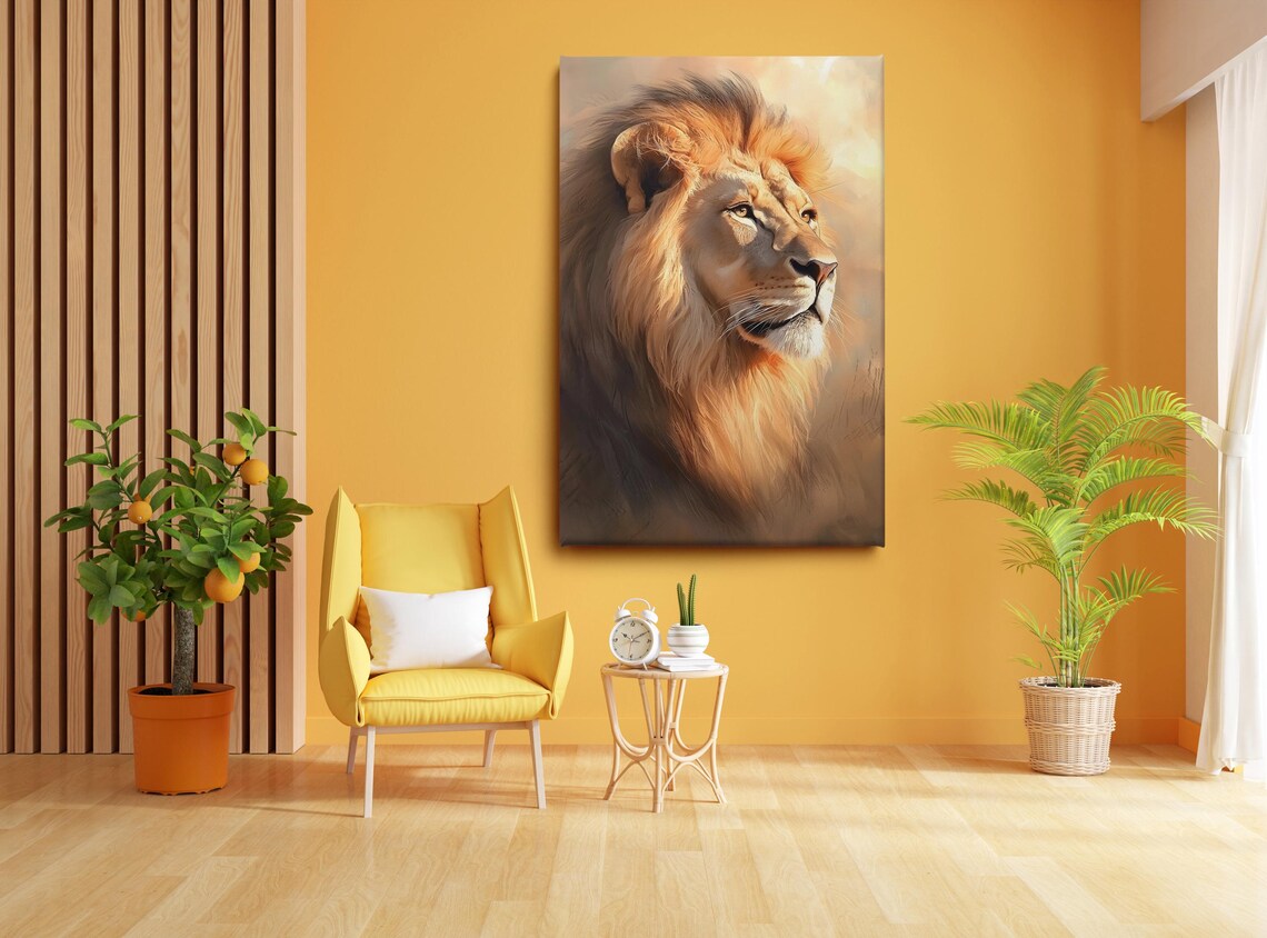 Male Lion Profile Against Golden Sunset Sky Safari Wildlife Art Poster - Image 3