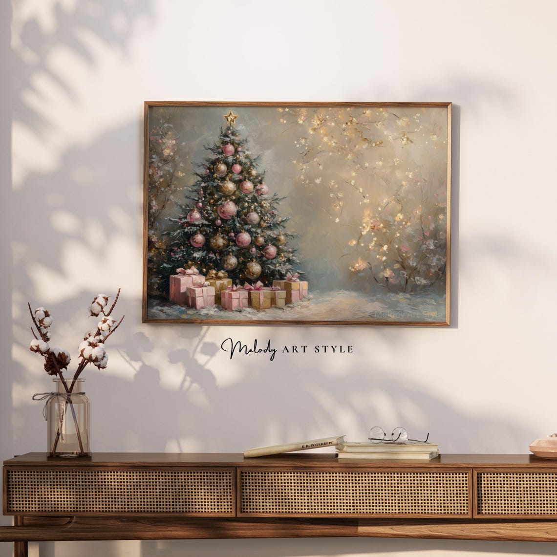 Glowing Christmas Tree Pink Gold Ornaments Fairy Light Art Poster - Image 2
