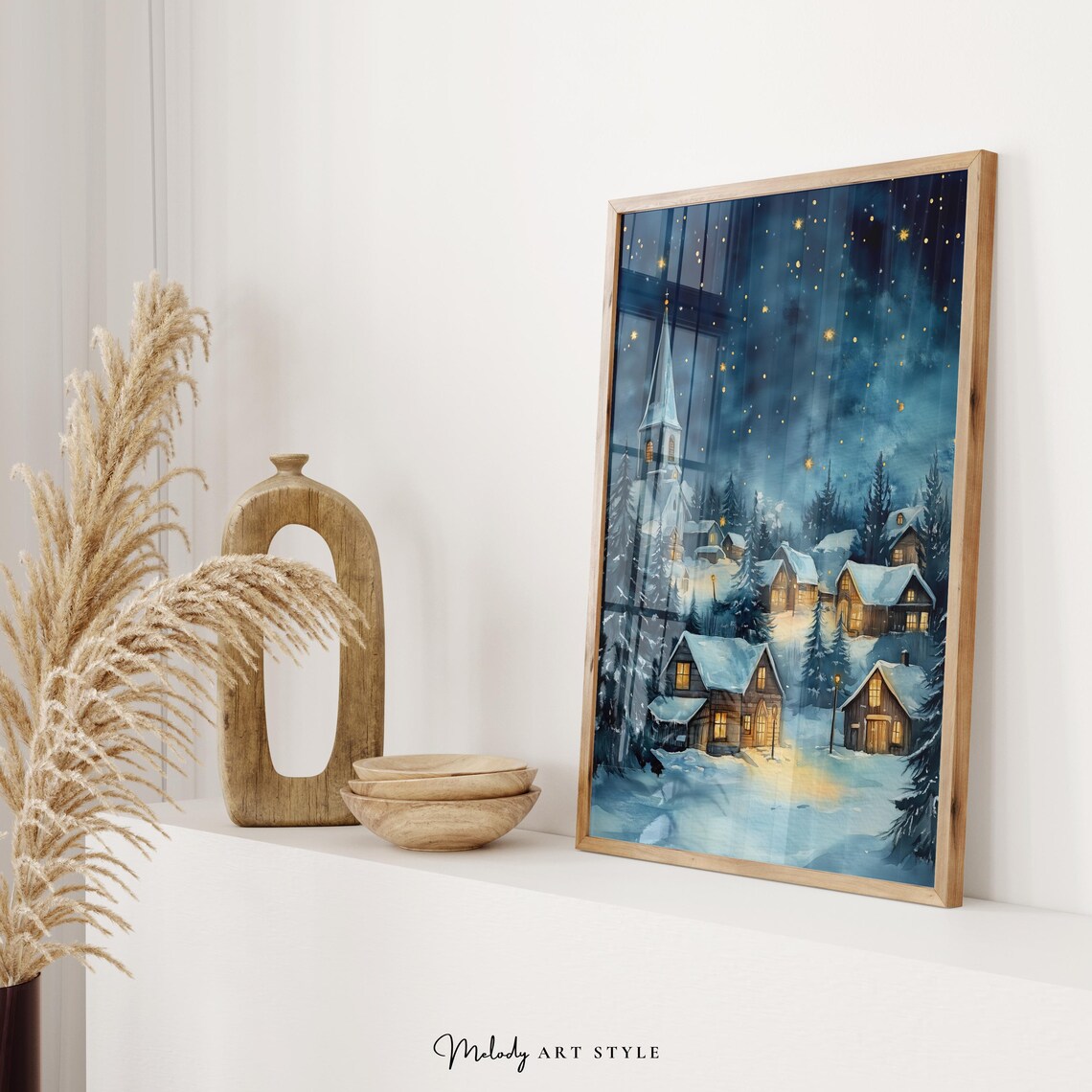 Blue Gold Snowy Christmas Village Night Church Starry Sky Art Poster - Image 2