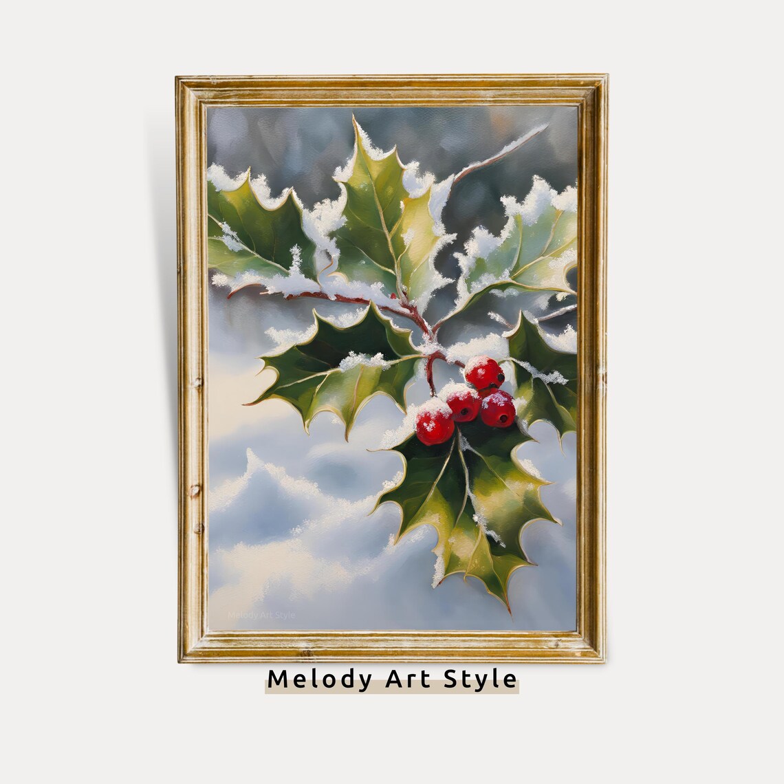 Snowy Holly Branch With Red Berries Winter Botanical Holiday Poster