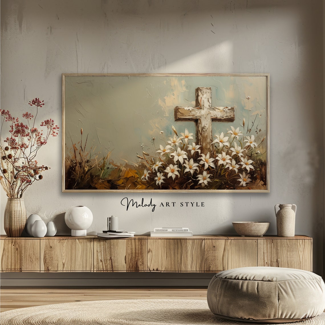 Rustic Wooden Cross White Lilies Christian Religious Wall Art Poster - Image 2