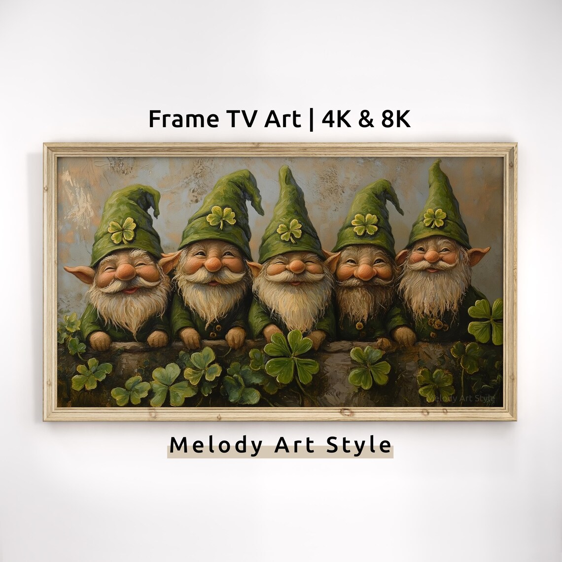Five Happy Gnomes In Row Shamrock Hats St Patricks Day Painting Poster