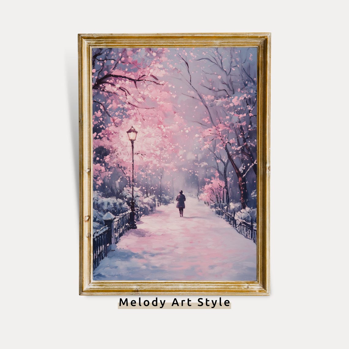 Cherry Blossom Lane Snowy Path Romantic Pink Trees Winter Art Poster