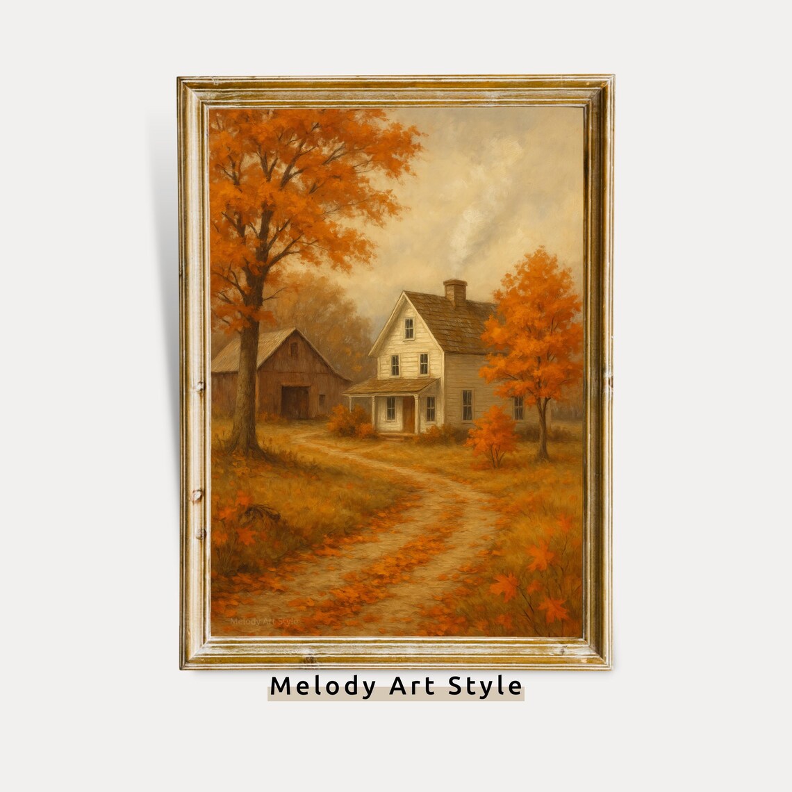 Cozy Farmhouse and Barn in Autumn Orange Fall Landscape Poster